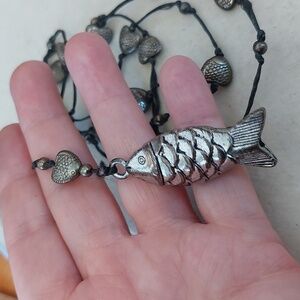 Artisan Koi Fish Necklace 28" Fish Hearts Silvertone